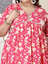 Plus Size Women Floral Printed Cotton Pleated Kurta Palazzo Dupatta Set-KPDPINKZAYLAPLUS